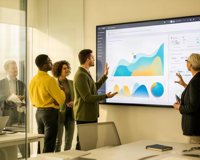 Managementteam in een modern kantoor bekijkt een realtime AI-dashboard met omzet- en margegrafieken op een groot scherm