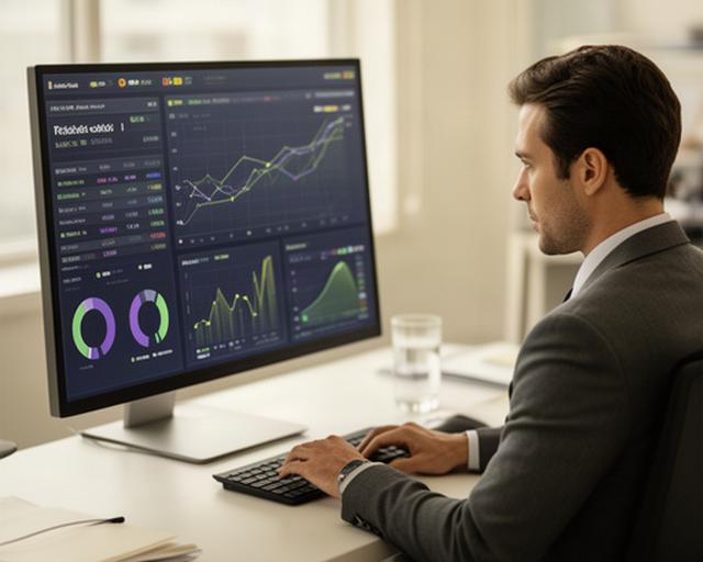 Accountant in een rustig kantoor die een AI-dashboard met risicovlaggen en financiële grafieken bekijkt