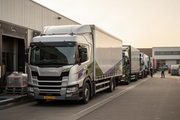 Vrachtwagens van een transportbedrijf opgesteld bij een laadkade in Gorinchem