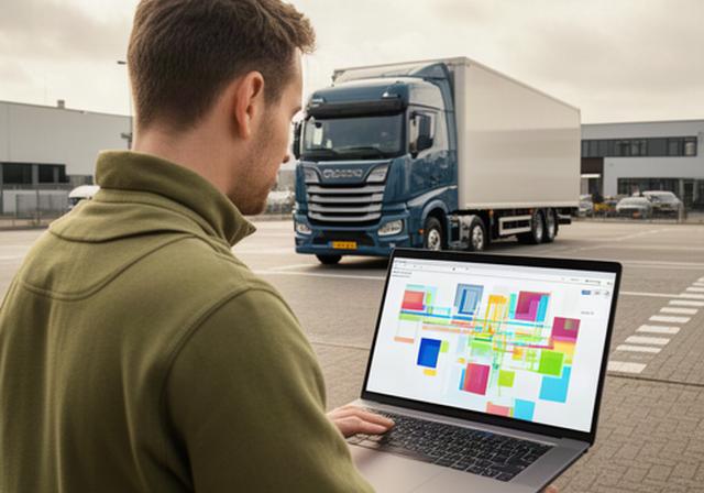 Transportplanner bekijkt een AI-ritplanning naast een vrachtwagen op een bedrijventerrein in Gorinchem