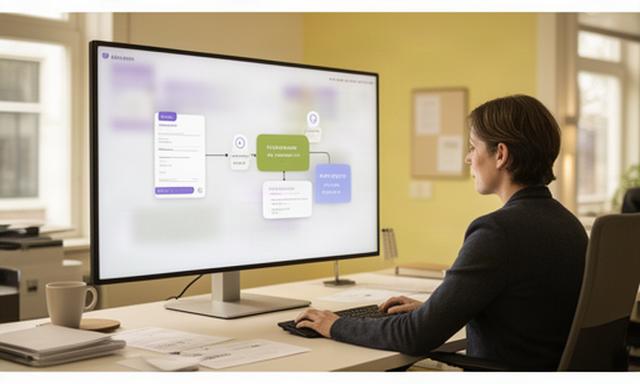 Medewerker in een kantoor in Gorinchem die een digitale factuurworkflow controleert op een groot scherm
