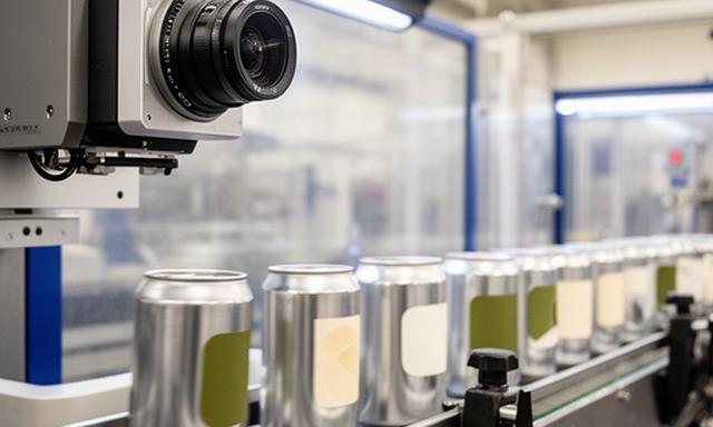 Industriele camera controleert etiketten en oppervlakte van metalen verpakkingen aan een productielijn