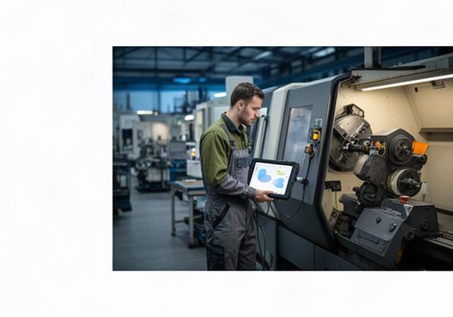 Technische dienst bij een productiemachine op een fabrieksvloer met sensoren en een onderhoudstablet